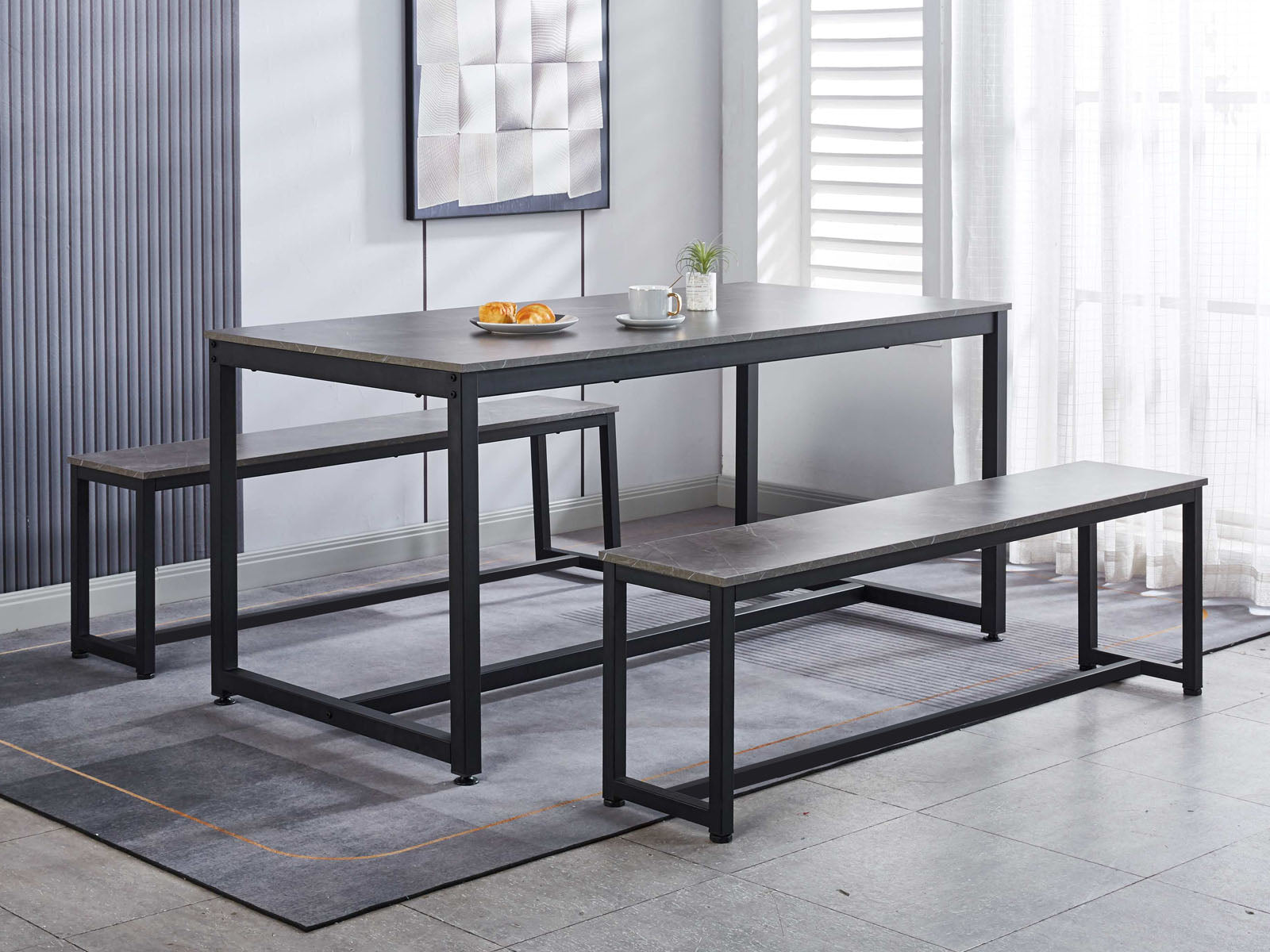 Grey Marble Look Dining Bench - 140 cm